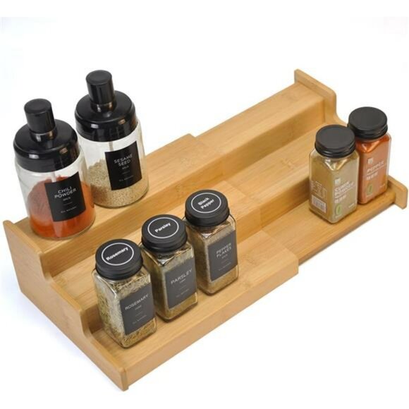 adjustable bamboo spice rack organizer 3 tier kitchen cabinet pantry shelf stora - Picture 1 of 8